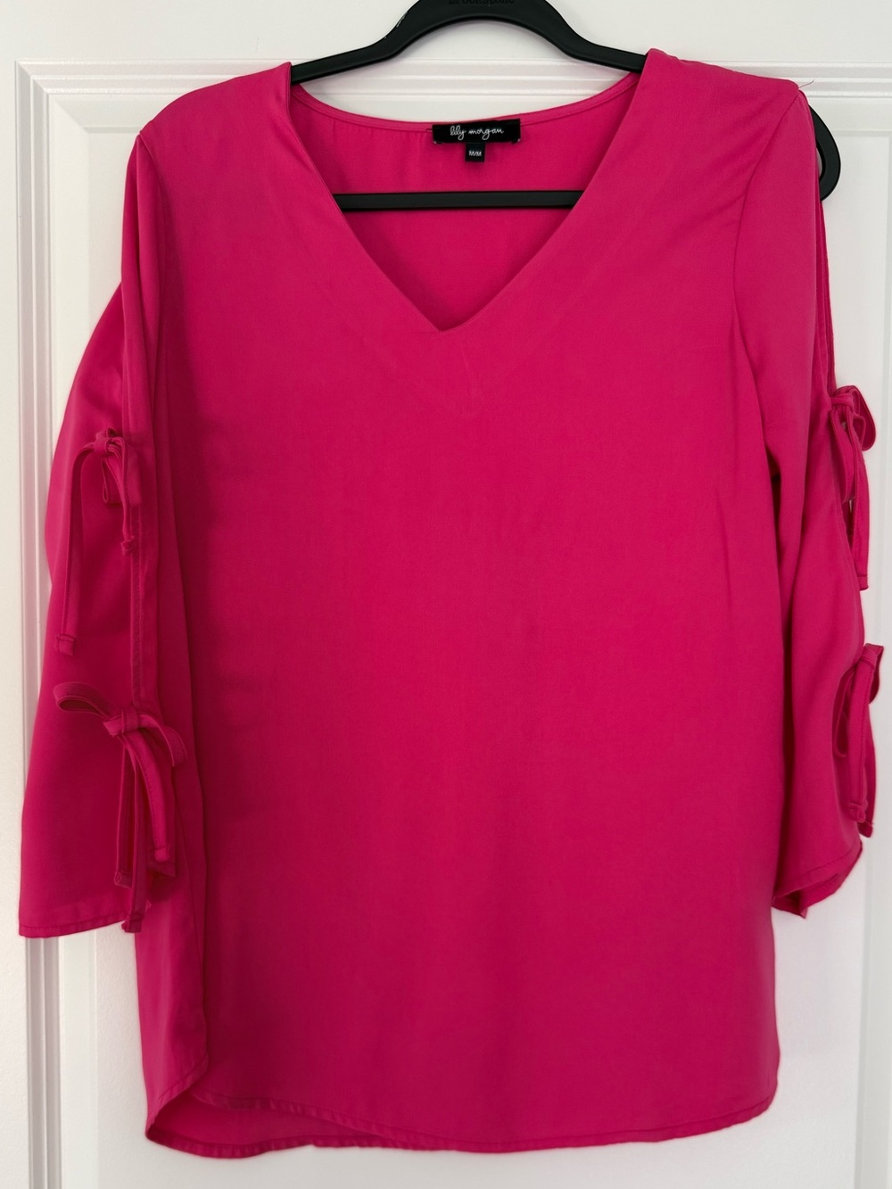 Lily White Hot Pink V-Neck Bow Sleeve Blouse